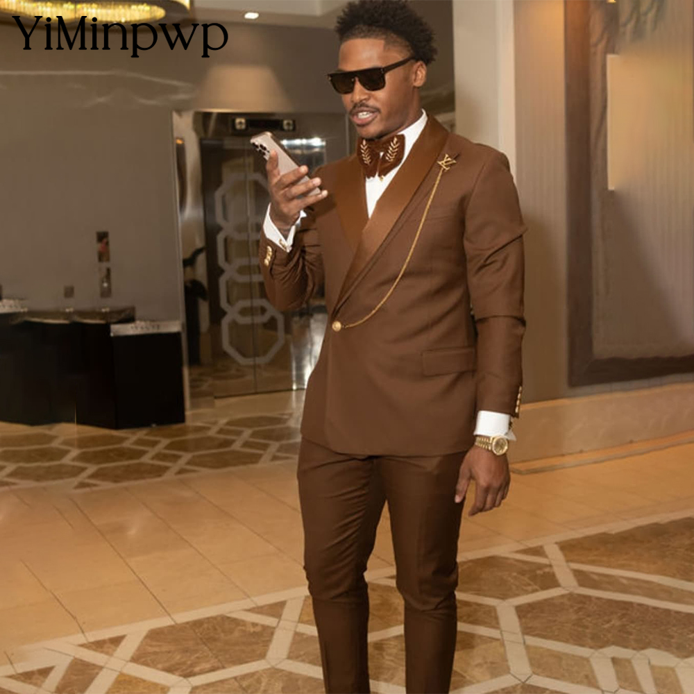 Men Formal Wear Brown - 브라운 아프리카 남성 정장 2피스 숄