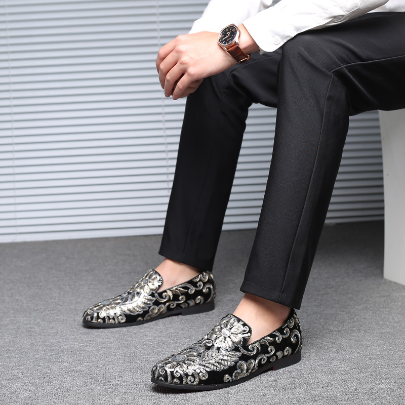 Men'S Formal Wear Slippers - 남성용 벨벳 로퍼, 골드 자수 슬립온