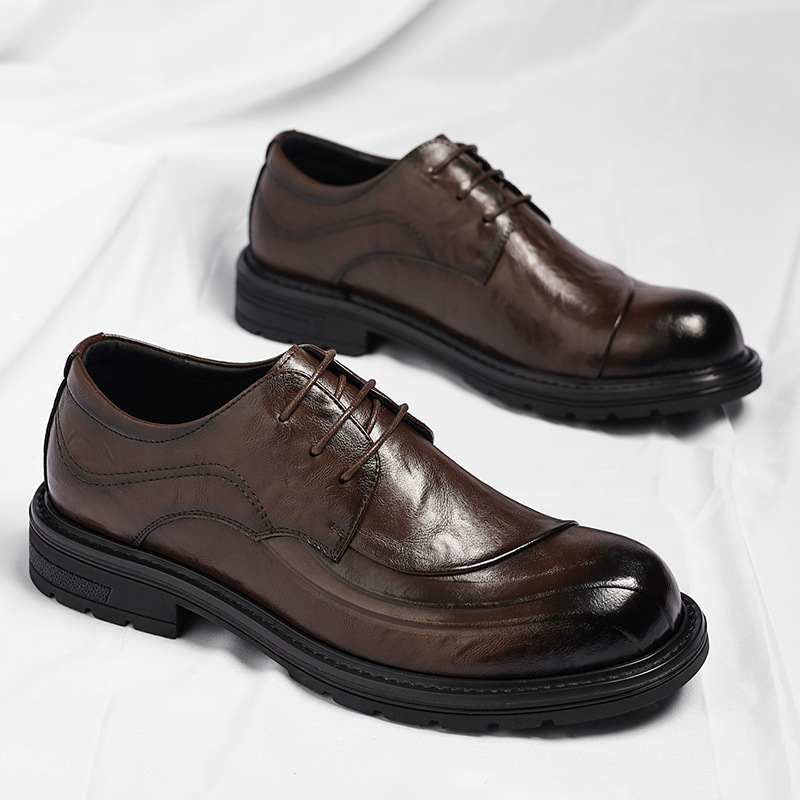 브라운 광택 가죽 레이스업 청키 솔 정장 비즈니스 오피 - Men Formal Wear Brown 리뷰 및 가격