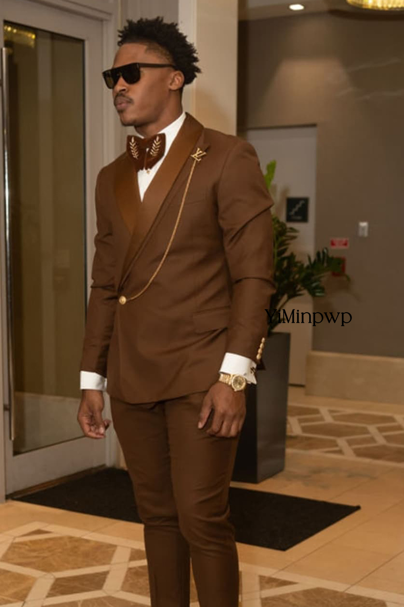 브라운 아프리카 남성 정장 2피스 숄 라펠 원버튼 신랑 - Men Formal Wear Brown 리뷰 및 가격